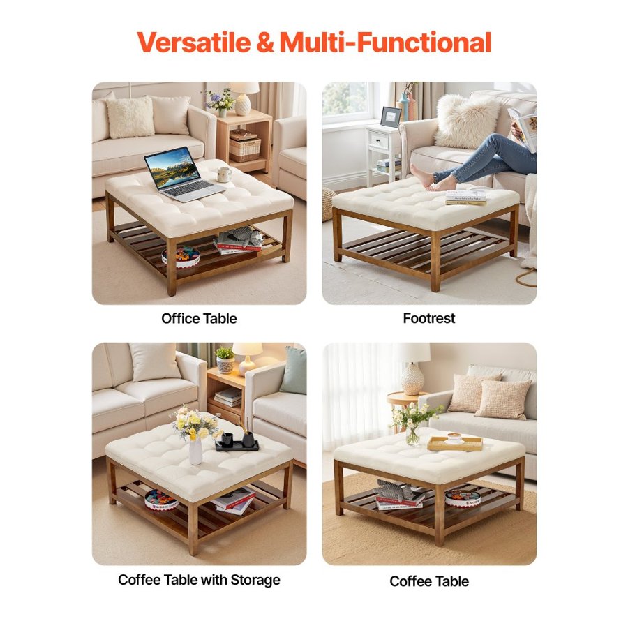 VEVOR Large Square Ottoman Coffee Table, 87.5 cm Tufted Coffee Table with Solid Wood Shelf Storage, Linen Solid Upholstered Footrest Ottoman for Bedroom Living Room, 400 LBS, Off-White