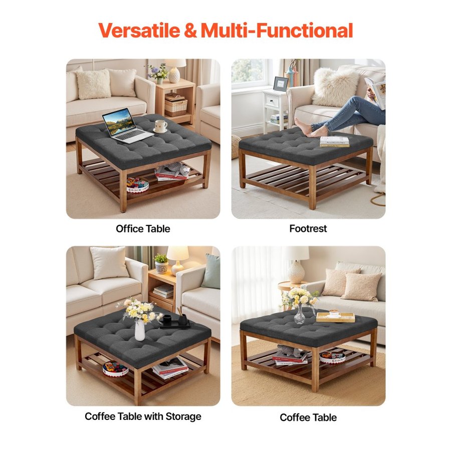 VEVOR Large Square Ottoman Coffee Table, 34.5 Inch Tufted Coffee Table with Solid Wood Shelf Storage, Linen Solid Upholstered Footrest Ottoman for Bedroom Living Room, 400 LBS, Dark Gray