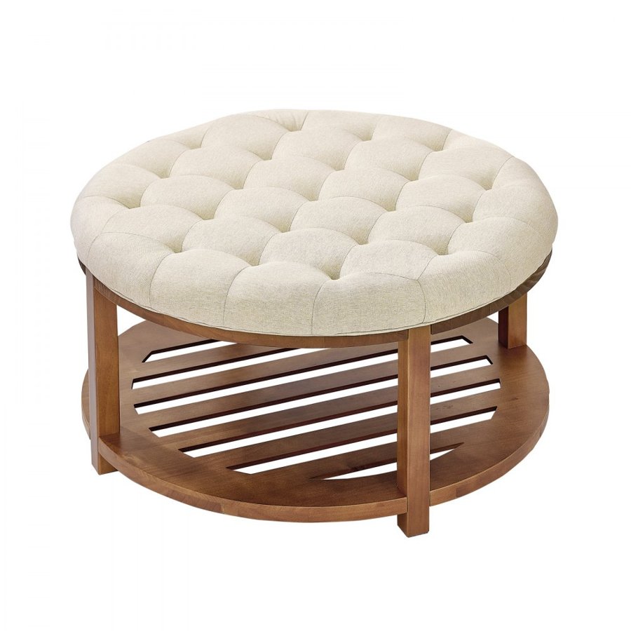 VEVOR Large Round Ottoman Coffee Table, 81 cm Tufted Coffee Table with Solid Wood Shelf Storage, Linen Solid Upholstered Footrest Ottoman for Bedroom Living Room, 350 LBS, Linen Color