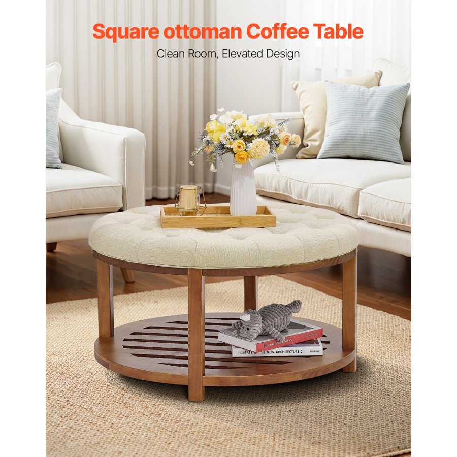 VEVOR Large Round Ottoman Coffee Table, 81 cm Tufted Coffee Table with Solid Wood Shelf Storage, Linen Solid Upholstered Footrest Ottoman for Bedroom Living Room, 350 LBS, Linen Color