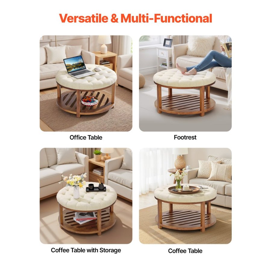 VEVOR Large Round Ottoman Coffee Table, 81 cm Tufted Coffee Table with Solid Wood Shelf Storage, Linen Solid Upholstered Footrest Ottoman for Bedroom Living Room, 350 LBS, Linen Color
