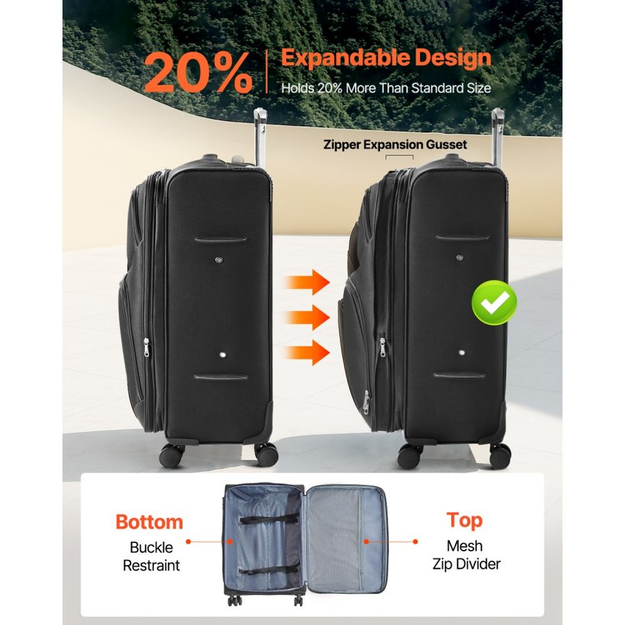 VEVOR Softside Expandable Luggage with Spinner Wheels, 24 inch / 71 cm Softside Checked Large Luggage, Lightweight Checked Suitcase with Expandable Zippered Pocket and TSA Lock, Black