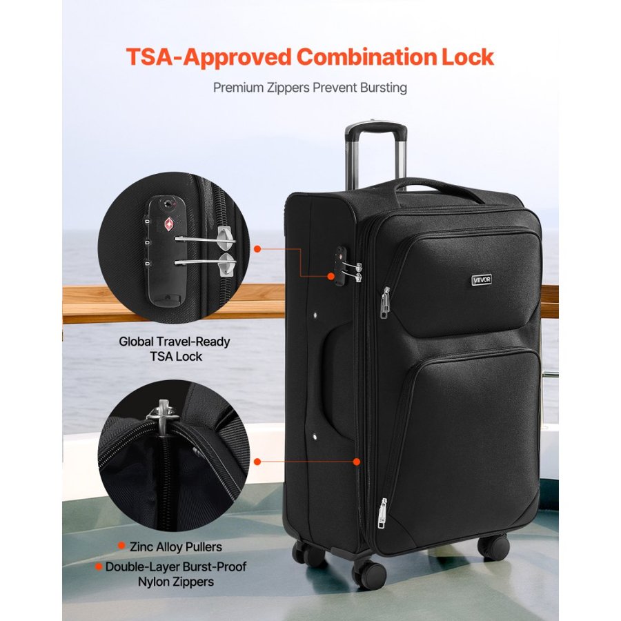 VEVOR Softside Expandable Luggage with Spinner Wheels, 24 inch / 71 cm Softside Checked Large Luggage, Lightweight Checked Suitcase with Expandable Zippered Pocket and TSA Lock, Black