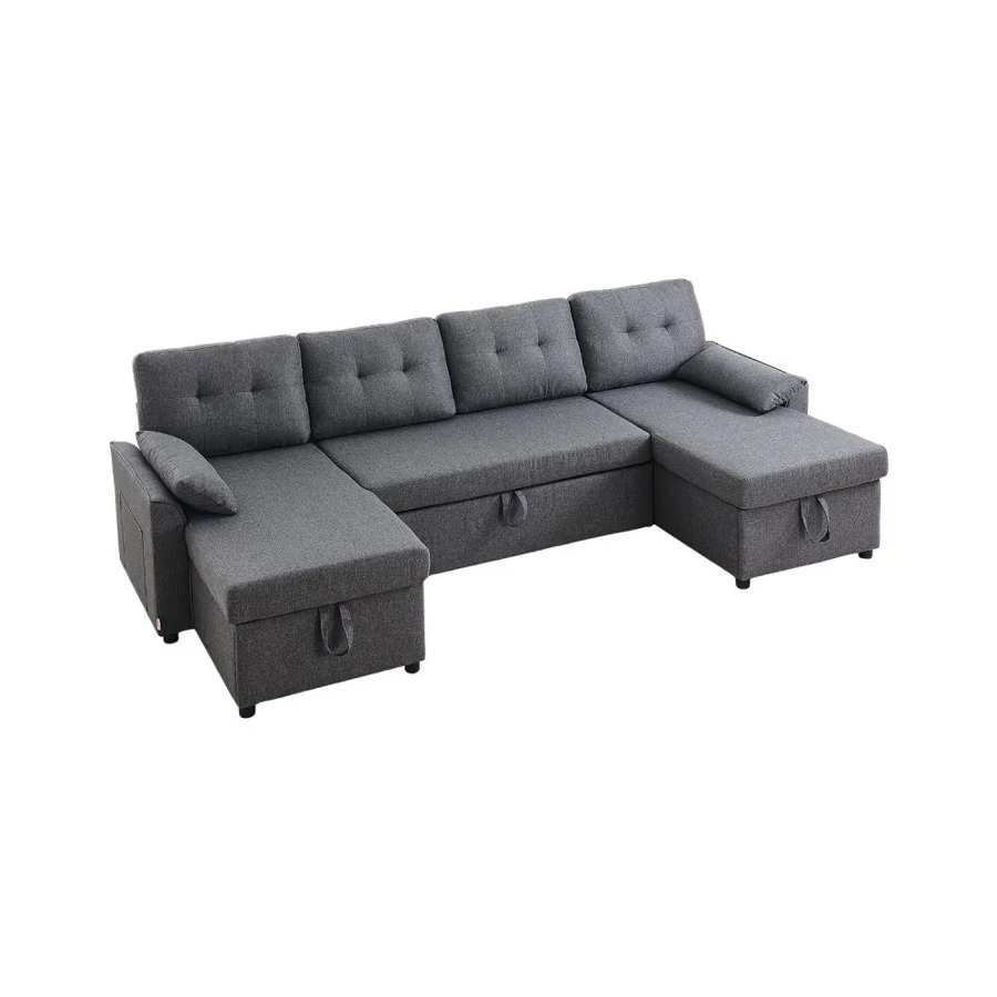 VEVOR U Shaped Sofa Bed, Convertible Sofa Bed with 2 Side Pockets, 2 Pillows and Double Chaise, 6-Seat Pull Out Sleeper Couch with Large Storage Capacity for Living Room, Apartment, Metal Frame, Gray