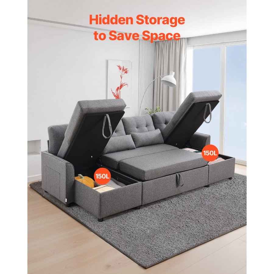 VEVOR U Shaped Sofa Bed, Convertible Sofa Bed with 2 Side Pockets, 2 Pillows and Double Chaise, 6-Seat Pull Out Sleeper Couch with Large Storage Capacity for Living Room, Apartment, Metal Frame, Gray