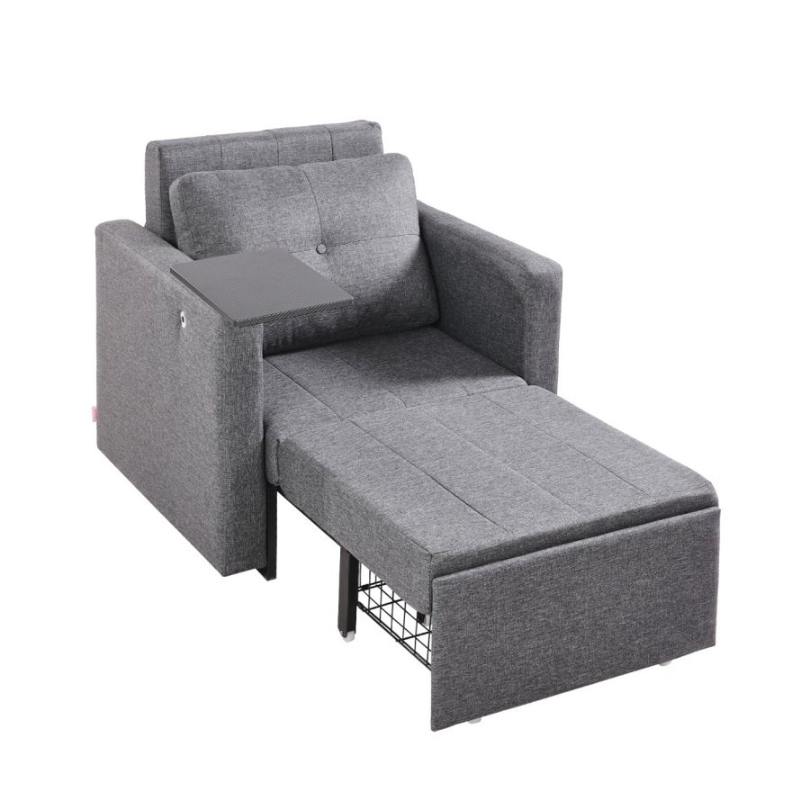 VEVOR Sleeper Sofa Bed, Convertible Sleeper Bed with Side Pocket, Pillow, Armrest and Desk Board, 5 Adjustable Angles Backrest, Single Pull Out Sofa Couch with 2 Wheels and Bottom Storage, Gray