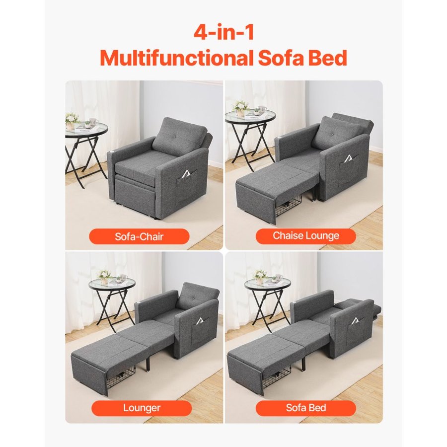 VEVOR Sleeper Sofa Bed, Convertible Sleeper Bed with Side Pocket, Pillow, Armrest and Desk Board, 5 Adjustable Angles Backrest, Single Pull Out Sofa Couch with 2 Wheels and Bottom Storage, Gray
