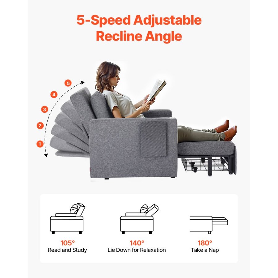 VEVOR Sleeper Sofa Bed, Convertible Sleeper Bed with Side Pocket, Pillow, Armrest and Desk Board, 5 Adjustable Angles Backrest, Single Pull Out Sofa Couch with 2 Wheels and Bottom Storage, Gray