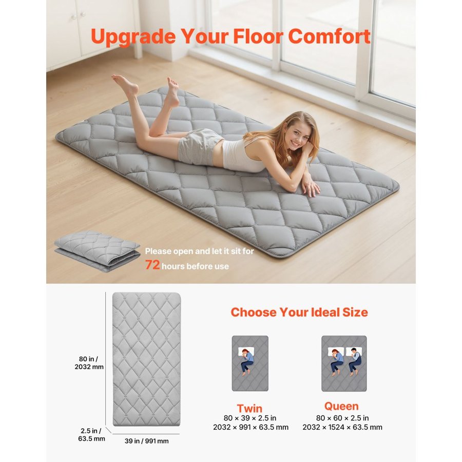 VEVOR Japanese Tatami Mat, Twin Size Foldable Japanese Tatami Mattress, Futon Mattress with Storage Bag & Fastener, 9-Layer Floor Mat for Sleeping, Dorm, Meditation, Yoga, 2032 x 991 x 63.5 mm, Gray