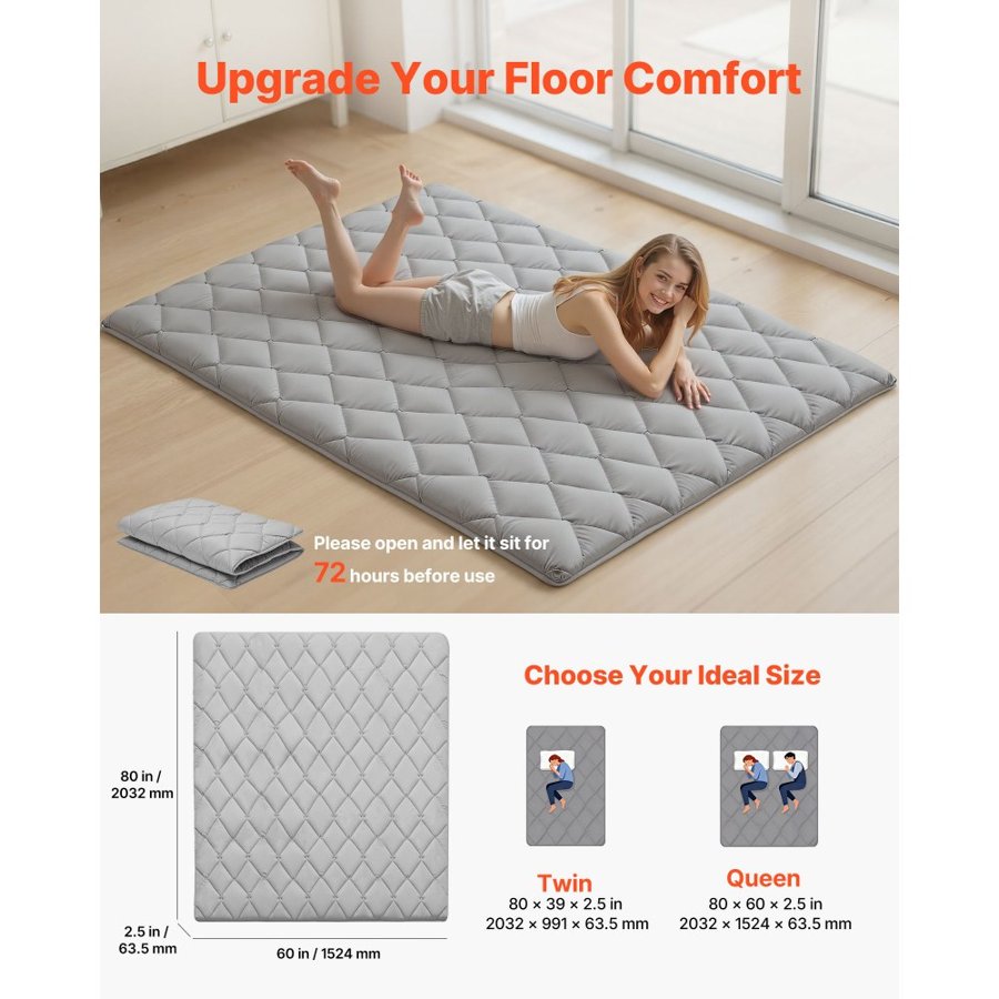 VEVOR Japanese Tatami Mat, Queen Size Foldable Japanese Tatami Mattress, Futon Mattress with Storage Bag & Fastener, 9-Layer Floor Mat for Sleeping, Dorm, Meditation, Yoga, 2032 x 1524 x 63.5 mm, Gray