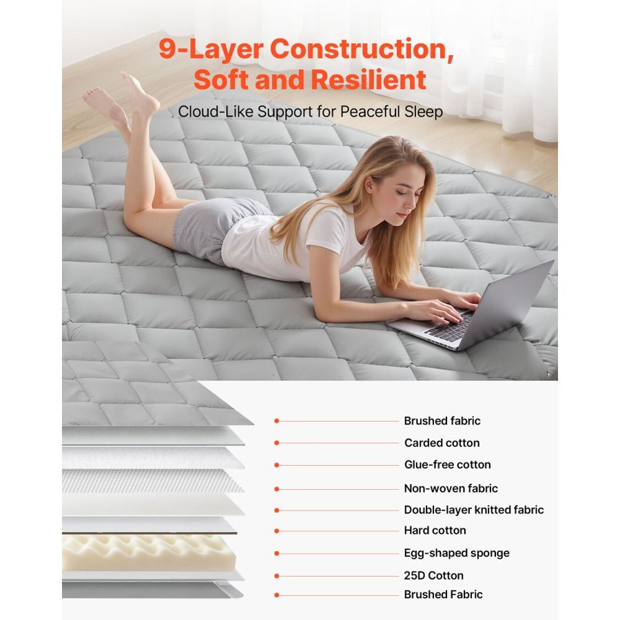 VEVOR Japanese Tatami Mat, Queen Size Foldable Japanese Tatami Mattress, Futon Mattress with Storage Bag & Fastener, 9-Layer Floor Mat for Sleeping, Dorm, Meditation, Yoga, 2032 x 1524 x 63.5 mm, Gray