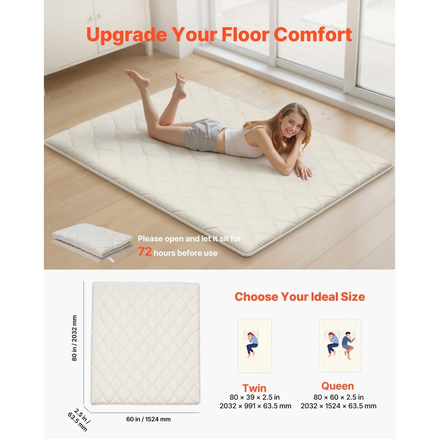 VEVOR Japanese Tatami Mat, Queen Size Foldable Japanese Tatami Mattress, Futon Mattress with Storage Bag & Fastener, 9-Layer Floor Mat for Sleeping, Dorm, Meditation, Yoga, 2032 x 1524 x 63.5mm, White