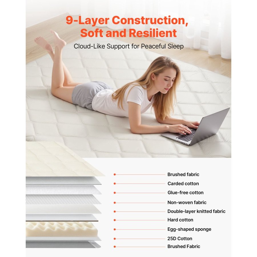 VEVOR Japanese Tatami Mat, Queen Size Foldable Japanese Tatami Mattress, Futon Mattress with Storage Bag & Fastener, 9-Layer Floor Mat for Sleeping, Dorm, Meditation, Yoga, 2032 x 1524 x 63.5mm, White