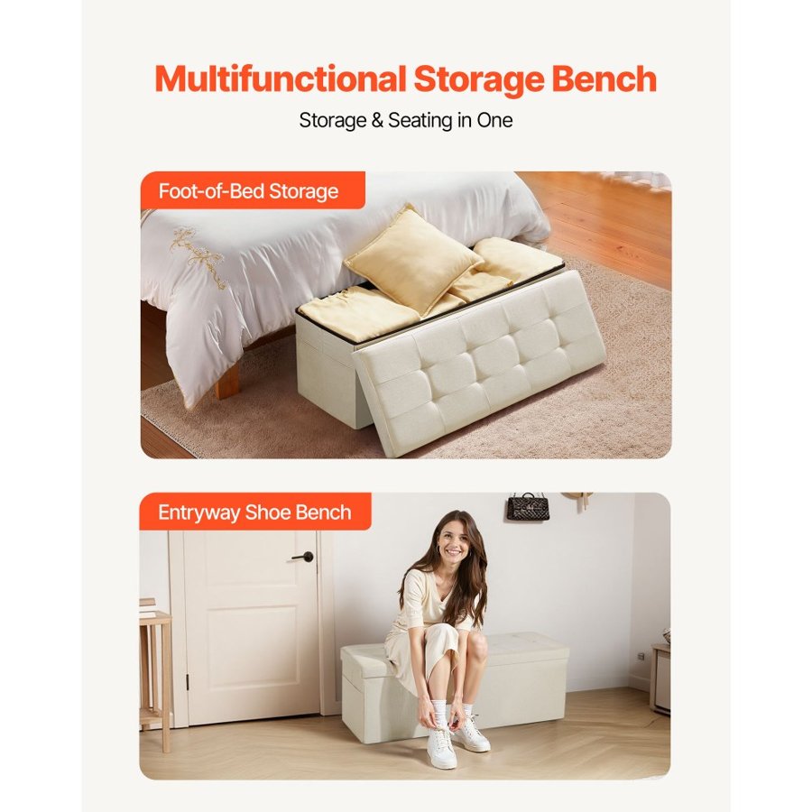VEVOR Foldable Storage Bench Ottoman – 660 lbs Linen