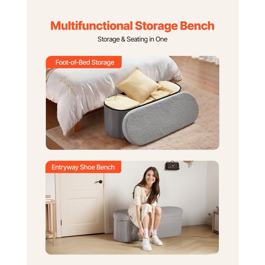 VEVOR Grey Ottoman Bench with Storage – 0.98 Inch, 660 LBS