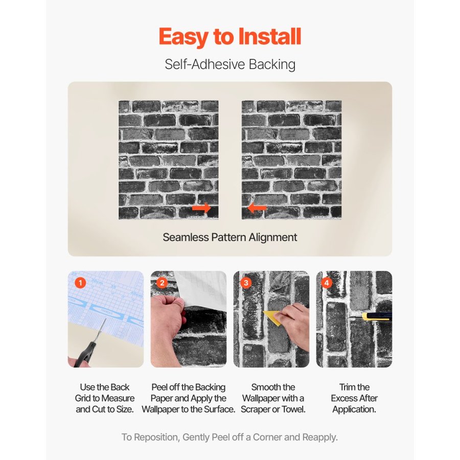 VEVOR Peel and Stick Brick Wall Paper – 17.7×393.7 Inch PVC