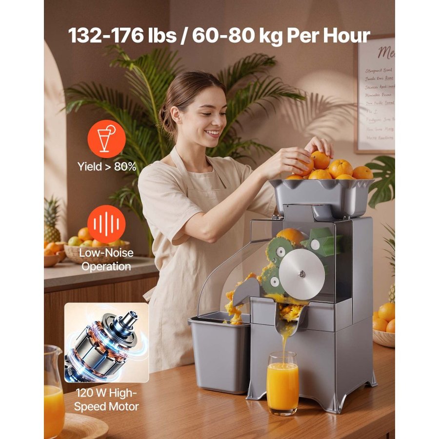 VEVOR Commercial Orange Juicer Machine, Slow Masticating Juicer Extractor, 100W Electric Orange Juice Squeezer, Lemon Citrus Pomegranates Extractor, with Peel Collecting Bucket and PC Cover
