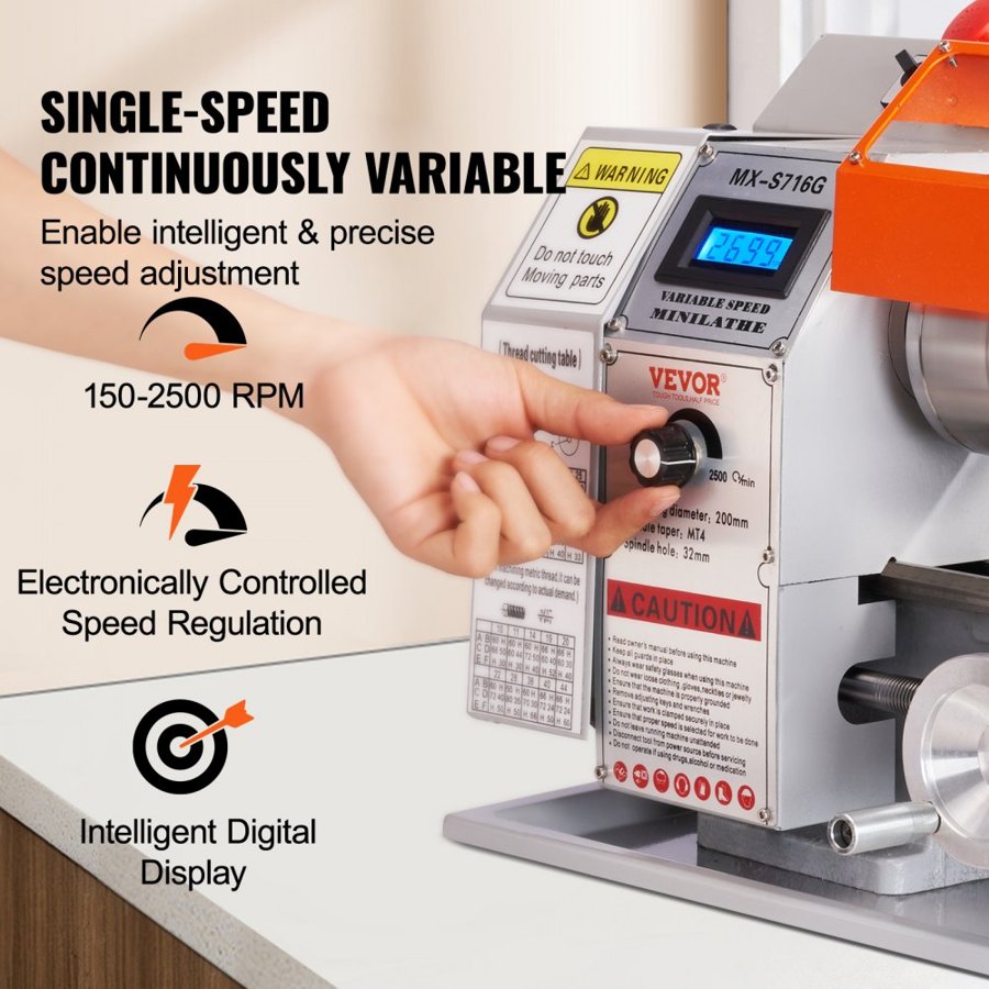 VEVOR Mini Metal Lathe Machine, 17.8 cm x 40.7 cm, 800W Precision Benchtop Power Metal Lathe, 150-2500 RPM Continuously Variable Speed, with 9.9 cm 3-jaw Metal Chuck Tool Box for Processing Precision Parts
