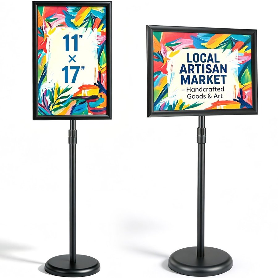 VEVOR Pedestal Sign Holder, 11 x 17 Inch Vertical and Horizontal Adjustable Poster Stand, Heavy-Duty Floor Standing Sign Holder with Round Base for Display, Advertisement, and Outdoor, Black