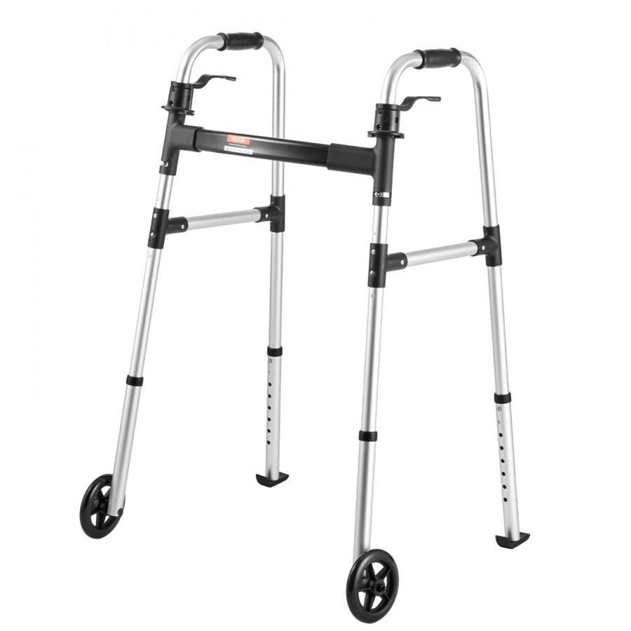 VEVOR Folding Walker, 2-Button Foldable Walker with Solid Wheels & 8-Level Adjustable Height, 159KG Loading Lightweight Aluminum Mobility Walking Aid, Front-Wheeled Rolling Walkers for Seniors Adults