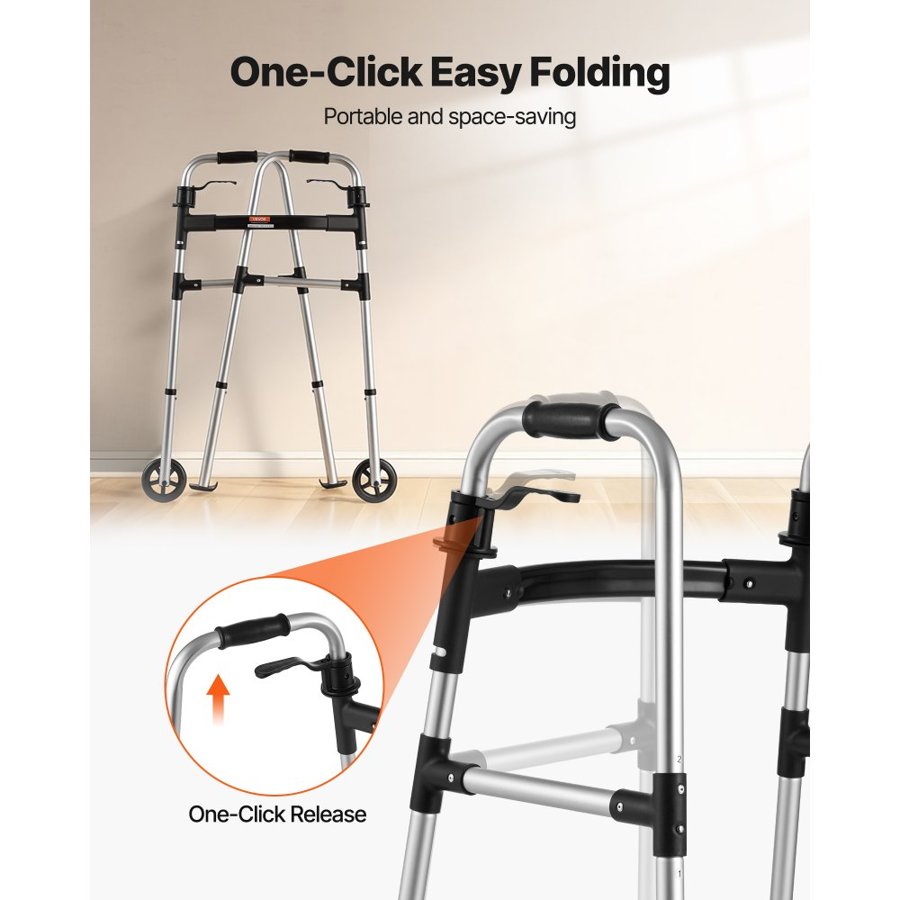 VEVOR Folding Walker, 2-Button Foldable Walker with Solid Wheels & 8-Level Adjustable Height, 159KG Loading Lightweight Aluminum Mobility Walking Aid, Front-Wheeled Rolling Walkers for Seniors Adults