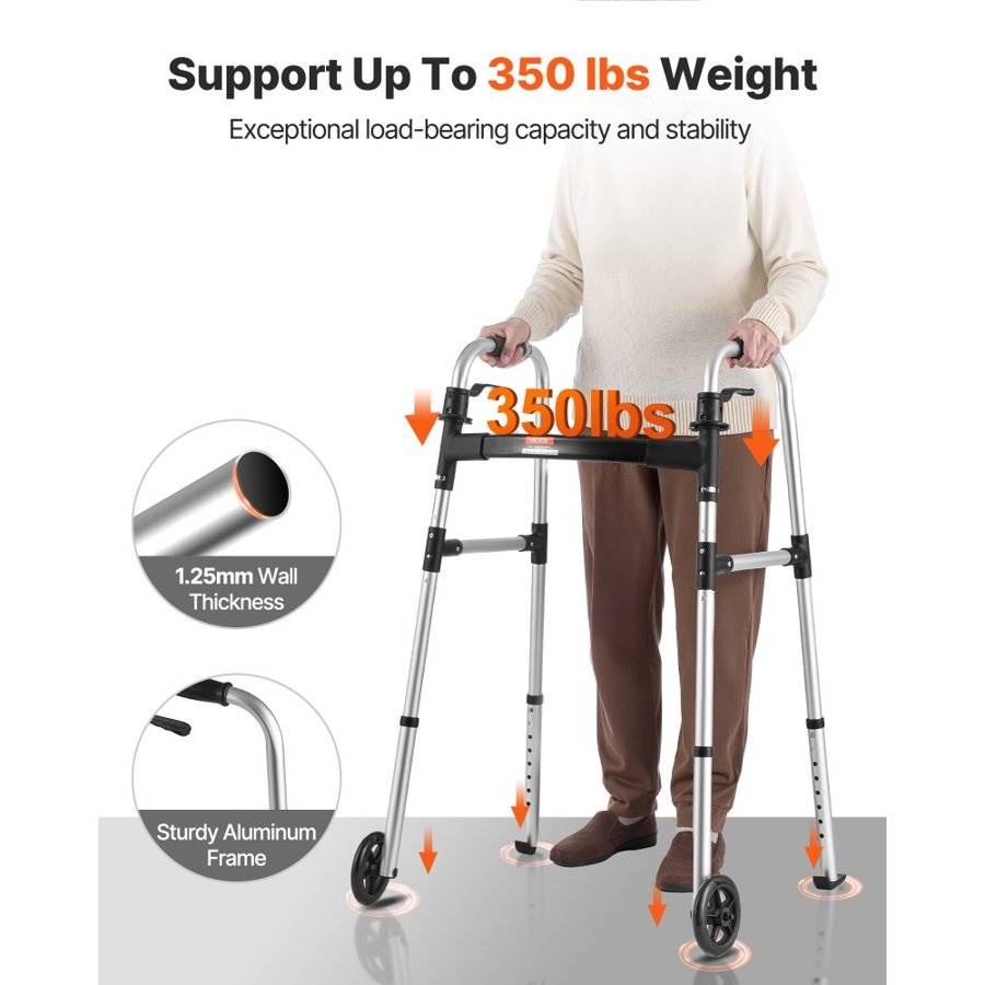 VEVOR Folding Walker, 2-Button Foldable Walker with Solid Wheels & 8-Level Adjustable Height, 159KG Loading Lightweight Aluminum Mobility Walking Aid, Front-Wheeled Rolling Walkers for Seniors Adults