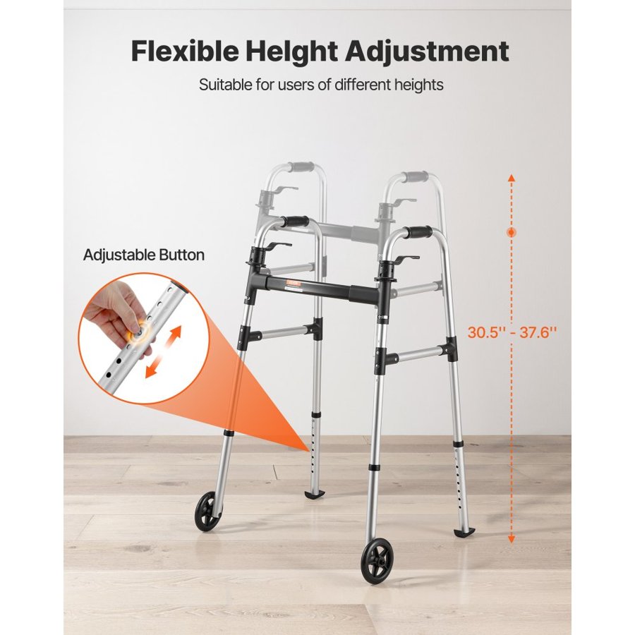 VEVOR Folding Walker, 2-Button Foldable Walker with Solid Wheels & 8-Level Adjustable Height, 159KG Loading Lightweight Aluminum Mobility Walking Aid, Front-Wheeled Rolling Walkers for Seniors Adults