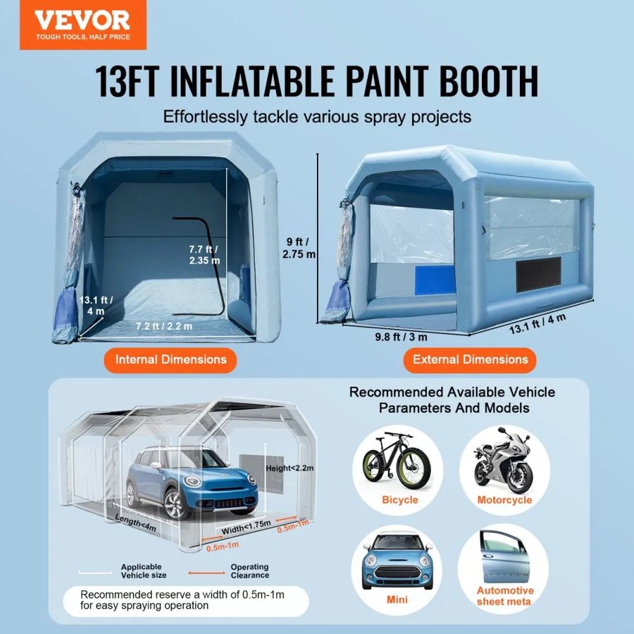 VEVOR Inflatable Paint Booth, 13.1 x 9.8 x 9 ft/4 x 3 x 2.7 m Inflatable Spray Booth, with 750W Powerful Blower and Air Filter System, Portable Car Paint Booth for Motorcycle, Bicycle, Auto Part Painting