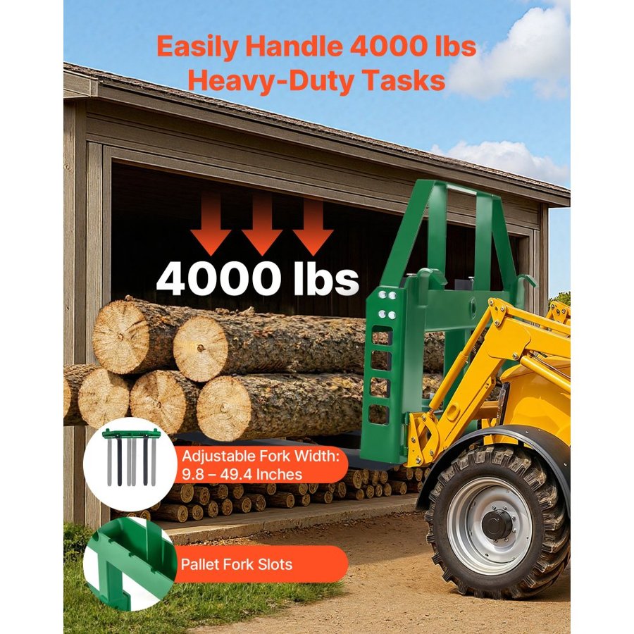 VEVOR Skid Steer Pallet Forks, 1814 kg Rated Load Capacity, Pallet Fork Frame Attachment with 1065 mm Pallet Forks Forklift Blades, 50.8 mm Hitch Receiver & Spear Sleeves, Fit for JD Tractors