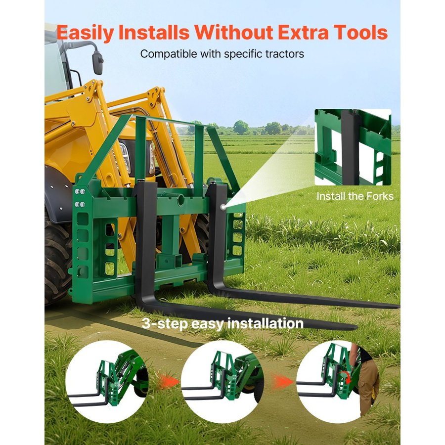 VEVOR Skid Steer Pallet Forks, 1814 kg Rated Load Capacity, Pallet Fork Frame Attachment with 1065 mm Pallet Forks Forklift Blades, 50.8 mm Hitch Receiver & Spear Sleeves, Fit for JD Tractors