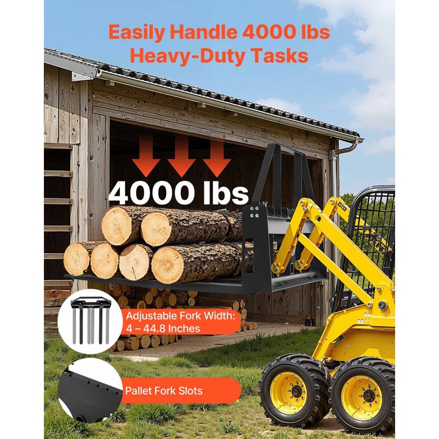 VEVOR Skid Steer Pallet Forks, 1814 kg Rated Capacity, Pallet Fork Frame Attachment with 1065 mm Pallet Forks Forklift Blades, 50.8 mm Hitch Receiver & Spear Sleeves, Fit for Skid Steers, Tractors