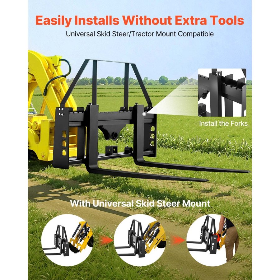 VEVOR Skid Steer Pallet Forks, 1814 kg Rated Capacity, Pallet Fork Frame Attachment with 122 cm Pallet Forks Forklift Blades, 50.8 mm Hitch Receiver & Spear Sleeves, Fit for Skid Steers, Tractors