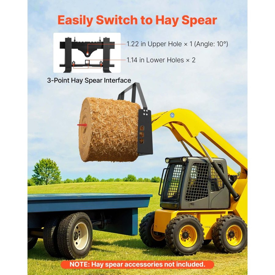 VEVOR Skid Steer Pallet Forks, 1814 kg Rated Capacity, Pallet Fork Frame Attachment with 122 cm Pallet Forks Forklift Blades, 50.8 mm Hitch Receiver & Spear Sleeves, Fit for Skid Steers, Tractors