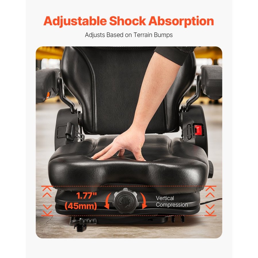 VEVOR Universal Forklift Seat, Tractor Suspension Seat with Adjustable Back, Armrest, Headrest & Safety Belt, Secure Fold Down Tractor Seat with Micro Switch, Lawnmower Seat for Skid Loader Bulldozer