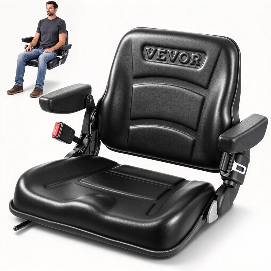 VEVOR Universal Forklift Seat, Fold Down Tractor Seat with Adjustable Angle Back, Micro Switch, Seatbelt and Armrests, 6.3-13.4 inch Slot Tractor Seat for Tractor Loader Excavator