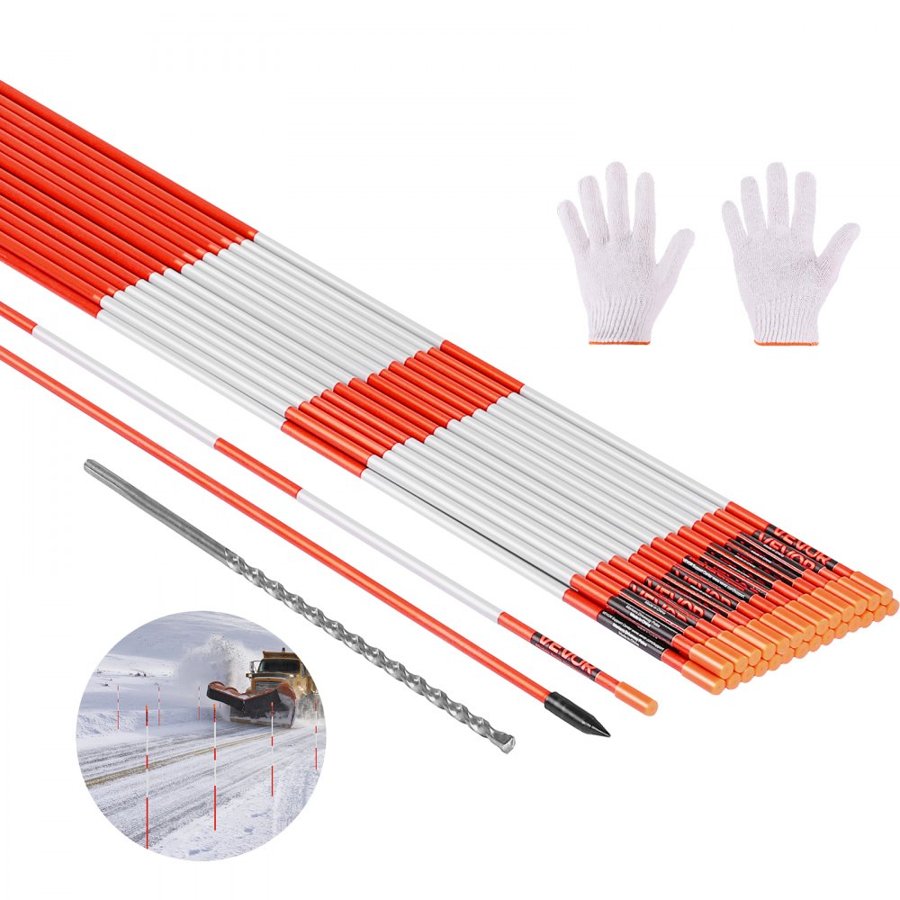 VEVOR Driveway Markers, 500Pcs 122cm Long 6.35mm Dia, Hi-Visibility Driveway Reflectors with 12 in Steel Drill Bits, Reflective Snow Sticks Fiberglass Pole for Parking Lots, Walkways, Snow Plowing