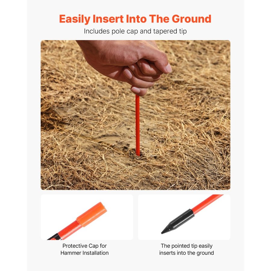VEVOR Driveway Markers, 500Pcs 122cm Long 6.35mm Dia, Hi-Visibility Driveway Reflectors with 12 in Steel Drill Bits, Reflective Snow Sticks Fiberglass Pole for Parking Lots, Walkways, Snow Plowing