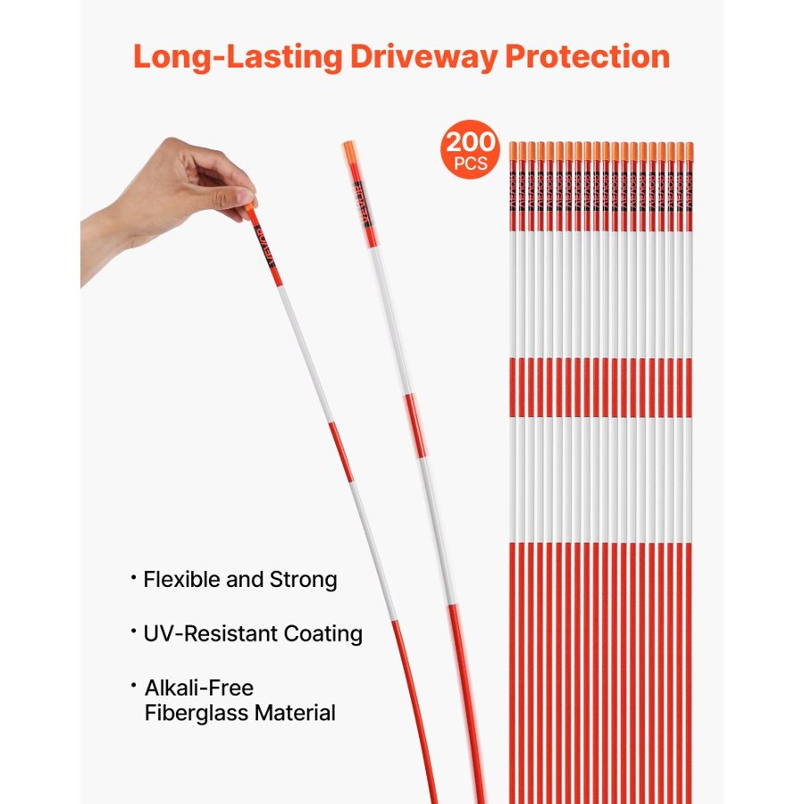 VEVOR Driveway Markers, 200Pcs 122cm Long 6.35mm Dia, Hi-Visibility Driveway Reflectors with 12 in Steel Drill Bits, Reflective Snow Sticks Fiberglass Pole for Parking Lots, Walkways, Snow Plowing