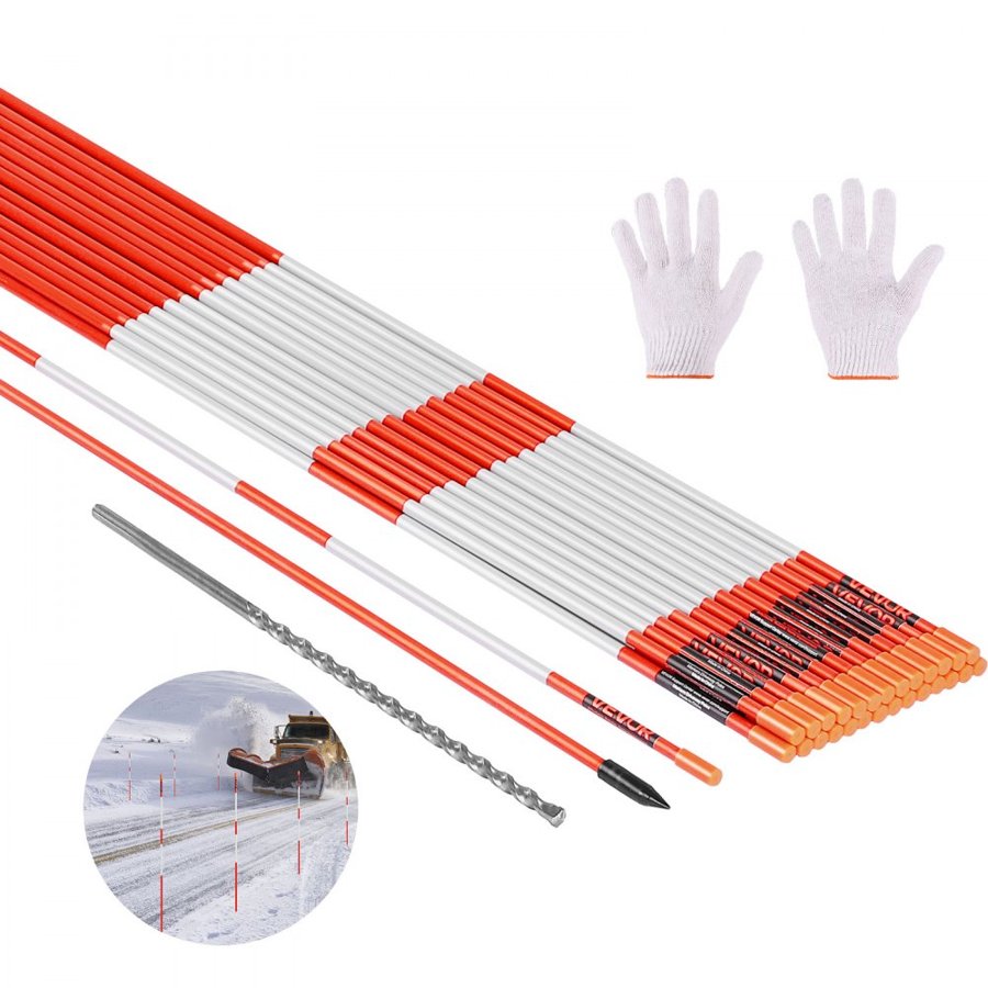 VEVOR Driveway Markers, 20Pcs 122cm Long 6.35mm Dia, Hi-Visibility Driveway Reflectors with 12 in Steel Drill Bits, Reflective Snow Sticks Fiberglass Pole for Parking Lots, Walkways, Snow Plowing