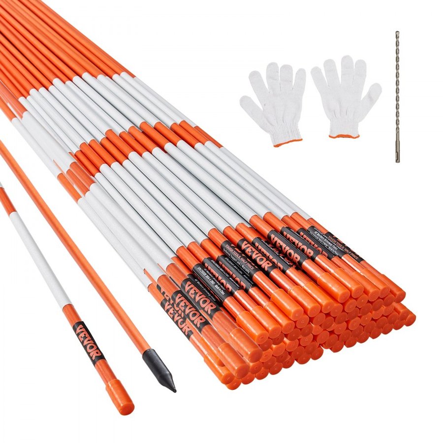 VEVOR Driveway Markers, 100PCS 122 cm, 0.79 cm Diameter, Orange Fiberglass Poles Snow Stakes with Reflective Tape, 30.48 cm Steel Drill Bit & Protection Gloves for Parking Lots, Walkways Easy Visibility