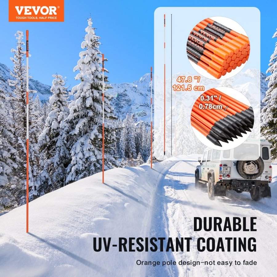 VEVOR Driveway Markers, 100PCS 122 cm, 0.79 cm Diameter, Orange Fiberglass Poles Snow Stakes with Reflective Tape, 30.48 cm Steel Drill Bit & Protection Gloves for Parking Lots, Walkways Easy Visibility