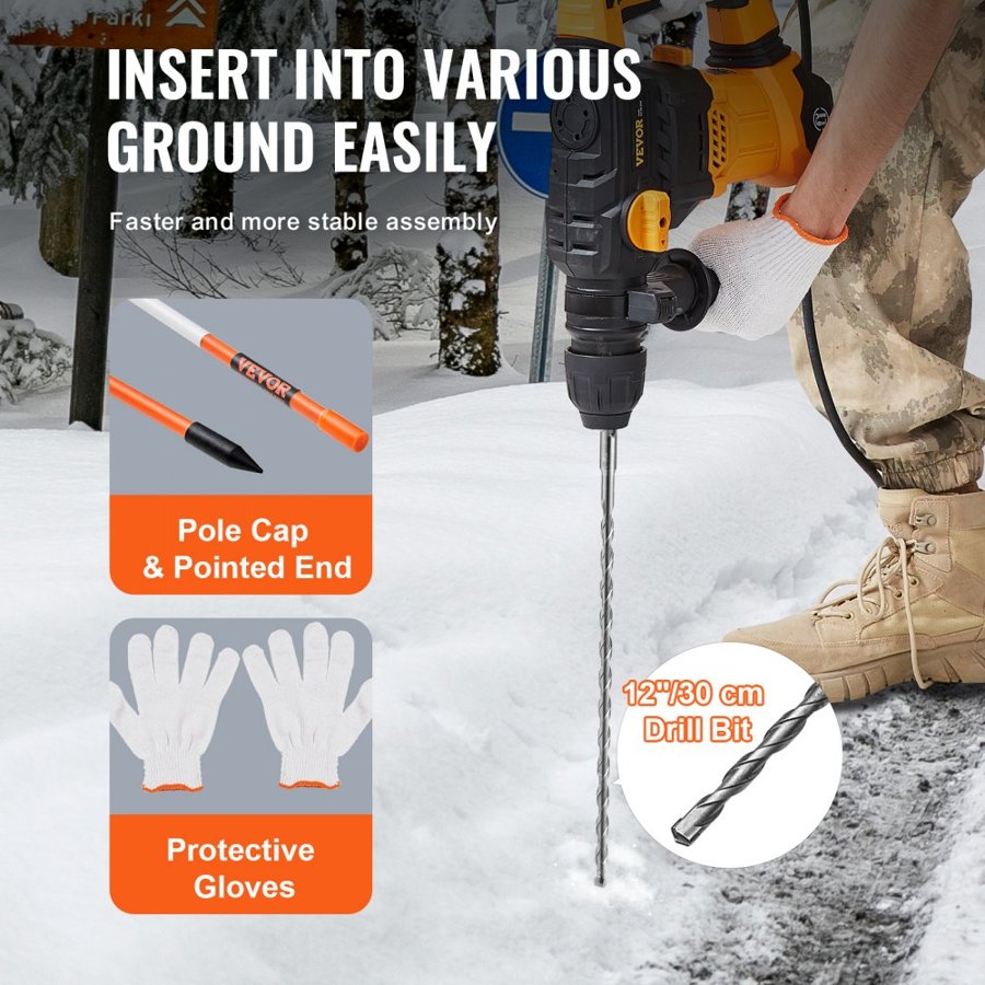 VEVOR Driveway Markers, 100PCS 122 cm, 0.79 cm Diameter, Orange Fiberglass Poles Snow Stakes with Reflective Tape, 30.48 cm Steel Drill Bit & Protection Gloves for Parking Lots, Walkways Easy Visibility