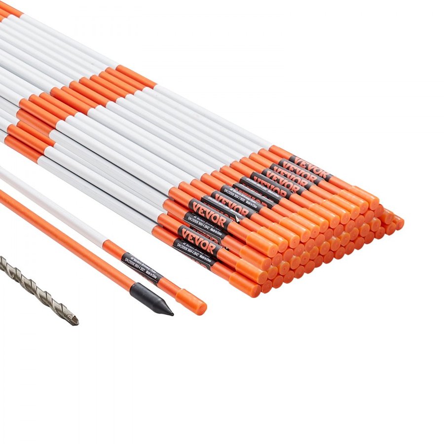 VEVOR Driveway Markers, 50 PCS 122 cm, 0.79 cm Diameter, Orange Fiberglass Poles Snow Stakes with Reflective Tape, 30.48 cm Steel Drill Bit & Protection Gloves for Parking Lots, Walkways Easy Visibility