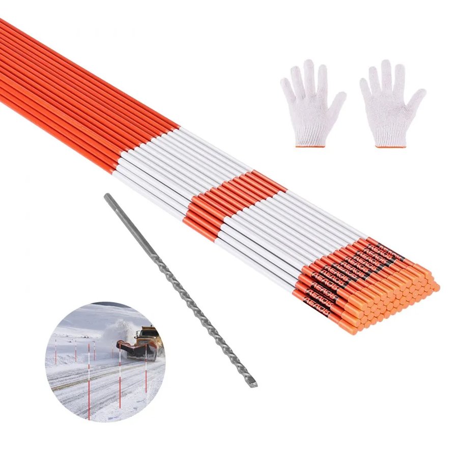 VEVOR Driveway Markers, 100Pcs 183cm Long 7.87mm Dia, Hi-Visibility Driveway Reflectors with 12 in Steel Drill Bits, Reflective Snow Sticks Fiberglass Pole for Parking Lots, Walkways, Snow Plowing