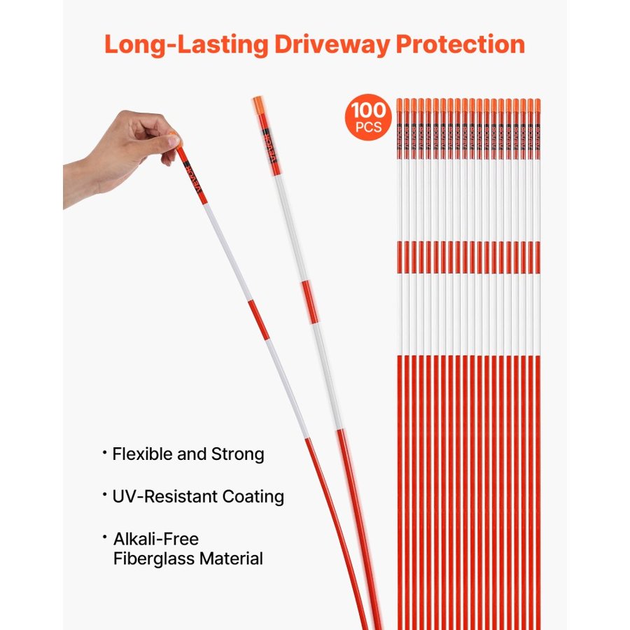 VEVOR Driveway Markers, 100Pcs 183cm Long 7.87mm Dia, Hi-Visibility Driveway Reflectors with 12 in Steel Drill Bits, Reflective Snow Sticks Fiberglass Pole for Parking Lots, Walkways, Snow Plowing