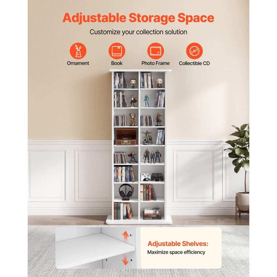 VEVOR Media Storage Cabinet, 8-Tier DVD Shelf Organizer, 559 x 222 x 1295 mm Multimedia Storage Organizer for CDs, DVDs, Books and Games, CD Shelf for Living Room, Home Office, Recording Room, White
