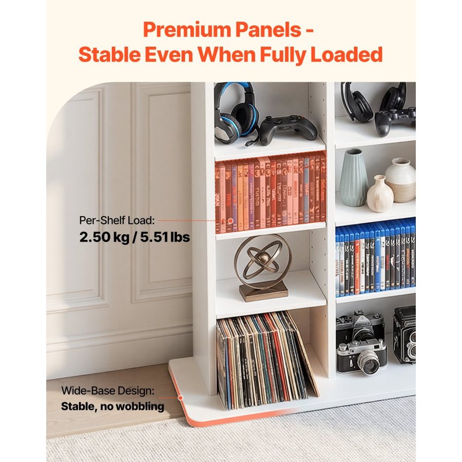 VEVOR Media Storage Cabinet, 8-Tier DVD Shelf Organizer, 559 x 222 x 1295 mm Multimedia Storage Organizer for CDs, DVDs, Books and Games, CD Shelf for Living Room, Home Office, Recording Room, White