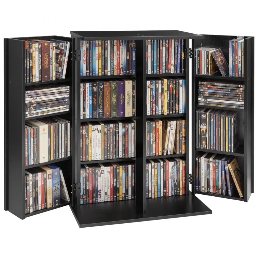 VEVOR Media Storage Cabinet, 4-Tier DVD Shelf Organizer, 610 x 368 x 846 mm Multimedia Storage Organizer for CDs, DVDs, Books, Games, CD Shelf for Living Room, Home Office, Recording Room, Black