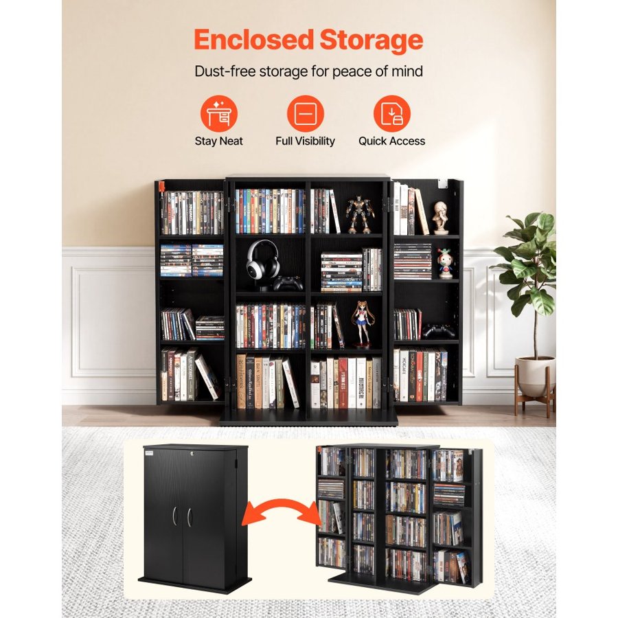 VEVOR Media Storage Cabinet, 4-Tier DVD Shelf Organizer, 610 x 368 x 846 mm Multimedia Storage Organizer for CDs, DVDs, Books, Games, CD Shelf for Living Room, Home Office, Recording Room, Black