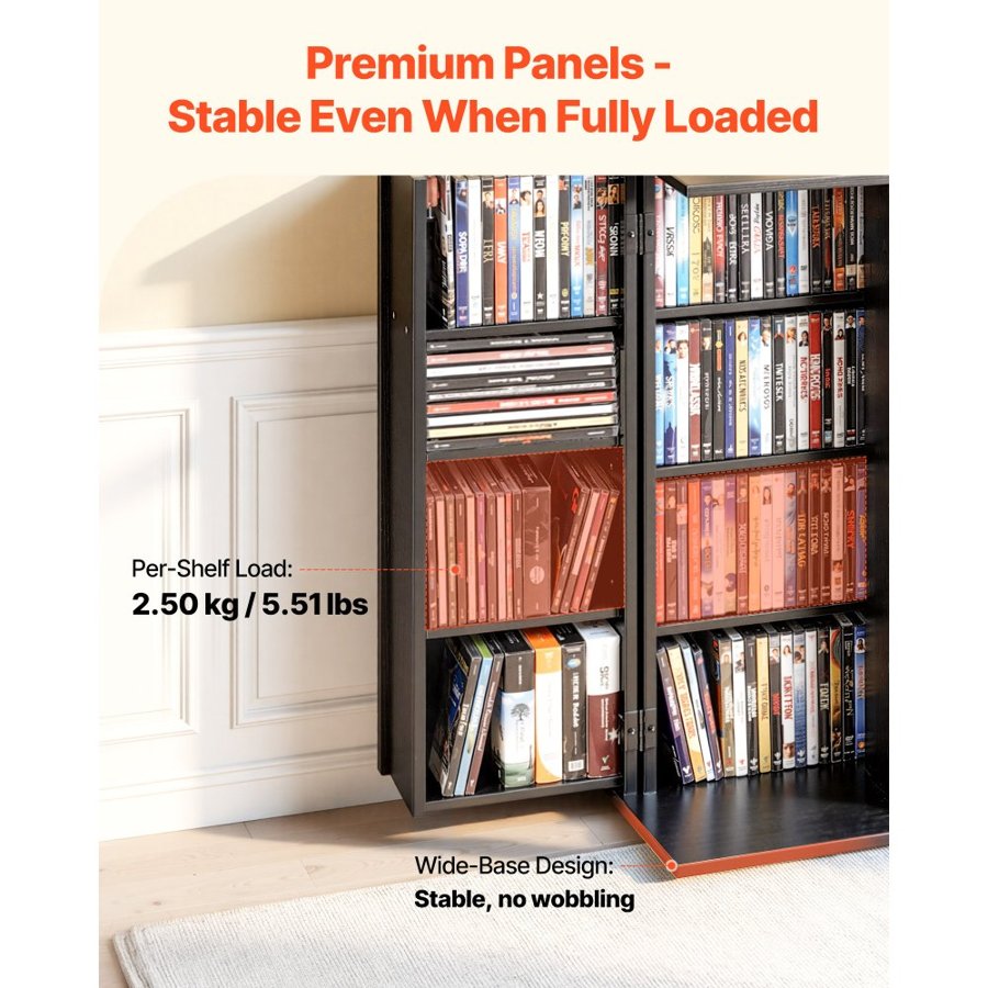 VEVOR Media Storage Cabinet, 4-Tier DVD Shelf Organizer, 610 x 368 x 846 mm Multimedia Storage Organizer for CDs, DVDs, Books, Games, CD Shelf for Living Room, Home Office, Recording Room, Black